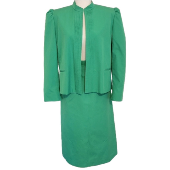 VINTAGE 80s Townhouse Kelly Green Pencil Skirt with Pockets Suit Blazer Set - Picture 1 of 13